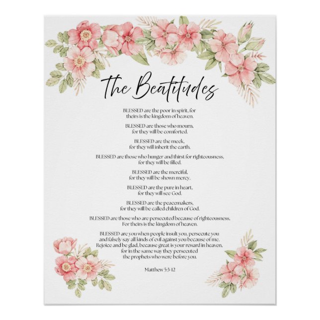 Póster Beatitudes de Floral Aquarela em Rosa (Frente)
