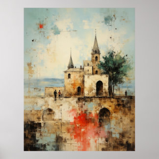 Poster Beautiful Modern Abstract  old small town painting
