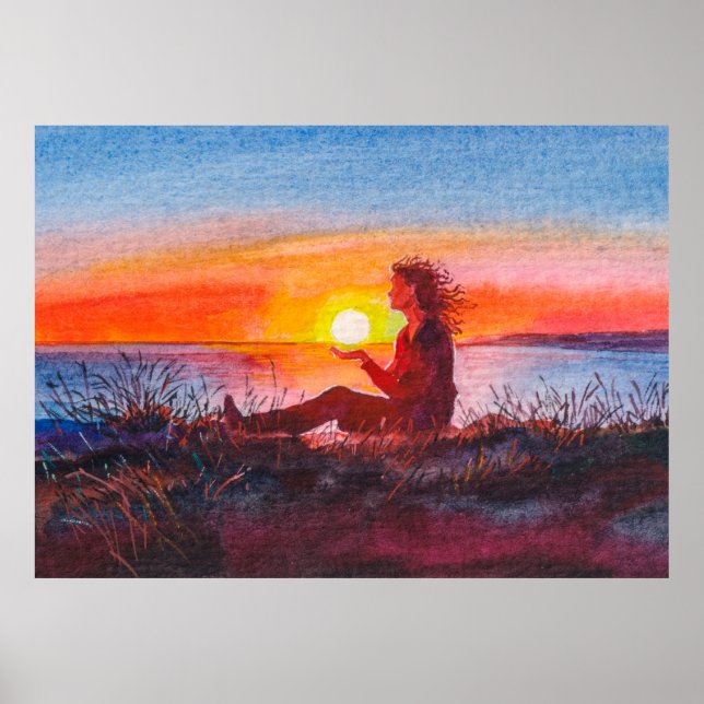Poster Beautiful ocean sunset. Portrait of young woman as (Frente)
