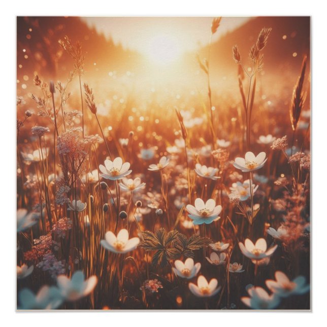 Póster Beautiful Sunrise Spring Meadow White Wildflowers  (Frente)