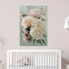 Poster Beautiful White & Pink Peonies On Green Background