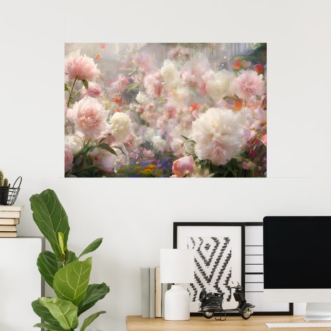 Poster Beautiful White & Pink Peonies Watercolor Painting (Escritório em casa)