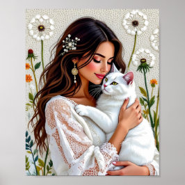 Poster Beautiful Woman, Cat and Dandelions