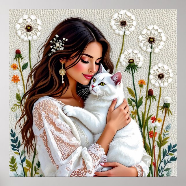 Poster Beautiful Woman, Cat and Dandelions (Frente)