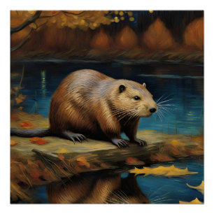 Póster Beaver à noite por Van Gogh AI Gerado
