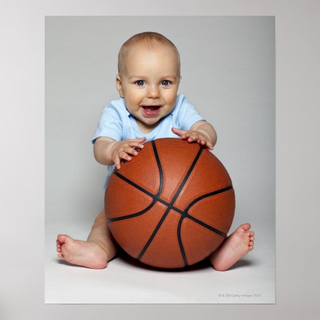 Póster Bebê (6-9 meses) com basquete, (Frente)
