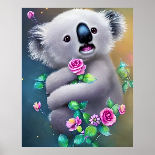Poster Bebê Adorável Urso Koala com Flores (Frente)
