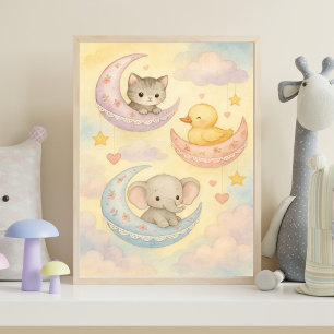 Poster Bebê Animais Bebê Menina Berçário Lua Crescente