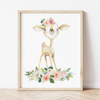 Poster Bebê, Animais Da Floresta, Boho, Flores Rosa