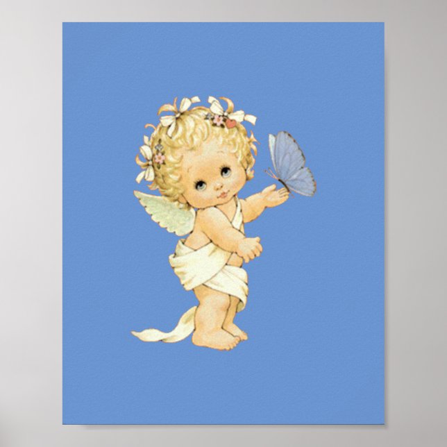 Poster Bebê anjo loiro com uma borboleta. (Frente)