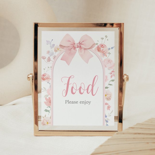 Poster Bebê Arco Rosa Floral na Comida de Chá de fraldas  (Pink Bow Baby in Bloom Baby Shower Food Sign)