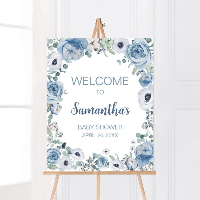 Poster Bebê Azul no Bloomment Chá de fraldas Bem-vindo (Dusty Blue Wildflower Baby Shower Welcome Sign)