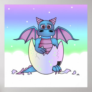Póster Bebê bonito do dragão em ovo rachado - azul/roxo