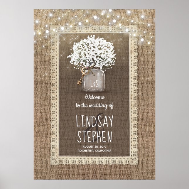 Poster Bebê Breath Mason Jar e Burlap Wedding Bem-vindo (Frente)
