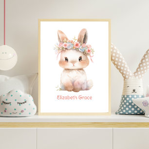 Poster Bebê Bunny Rosa Monograma Floral Monograma Arte de