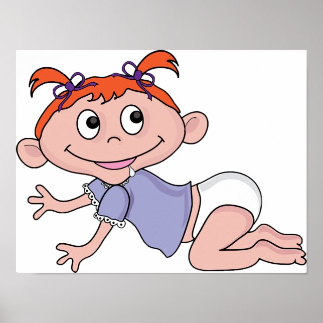 Póster Bebê Cartoon Menina Rastejando Cabelo Vermelho Laç (Frente)