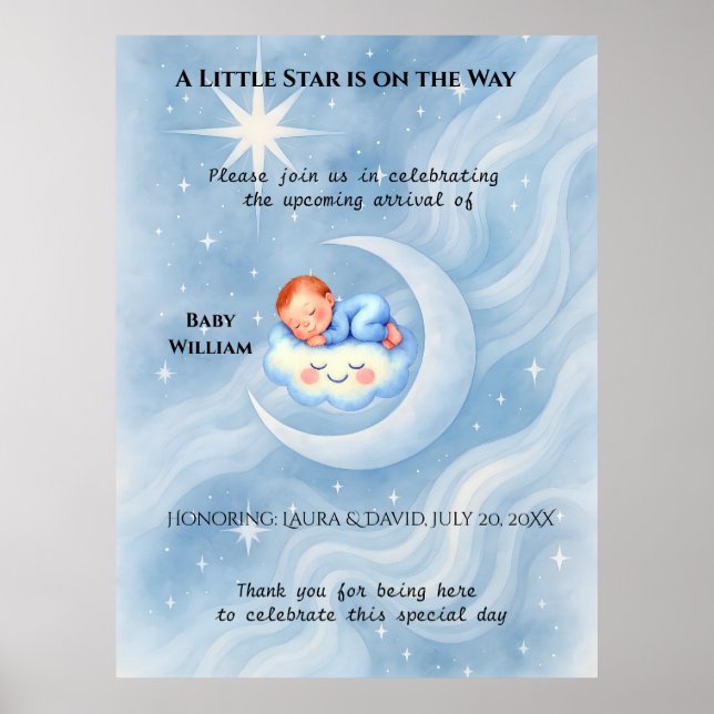 Poster Bebê Chá Convidar Estrelas à Lua Aquarela (Frente)