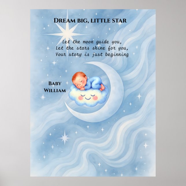 Poster Bebê Chá Convidar Estrelas à Lua Aquarela (Frente)