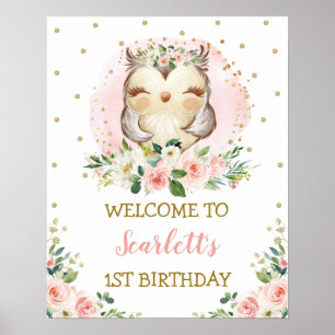 Poster Bebê Coruja Blush Dourado Pink Floral Aniversári
