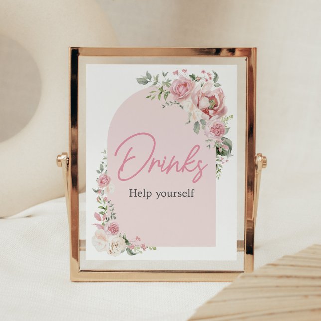 Poster Bebê de Arca Floral em Bebidas de Chá de fraldas B (Baby in Bloom Floral Arch Baby Shower Drinks Sign)