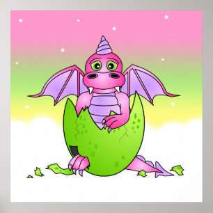 Póster Bebê de Dragão Cugado em Ovo Crachado - Rosa/Roxo