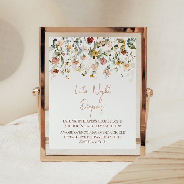 Poster Bebê de Flor Selvagem em Fraldas Noturnas Atrasada (Boho Spring Floral Baby Shower Late Night Diapers Sign)