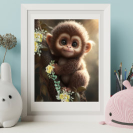 Poster Bebê de macaco fofo sentado em uma árvore com flor