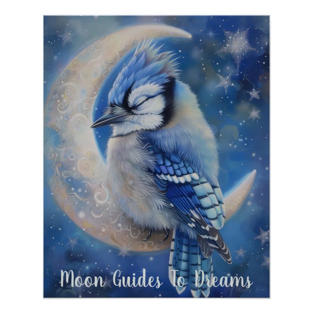 Póster Bebê de pássaro Blue Jay dormindo na Lua (Frente)