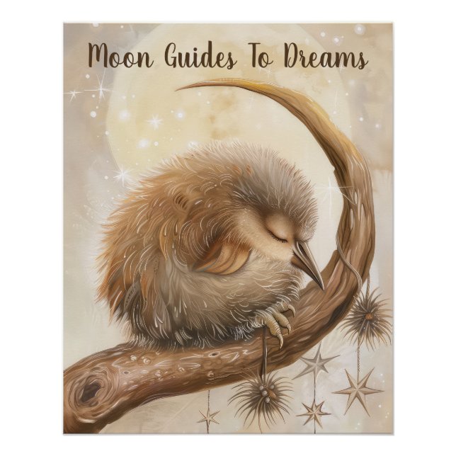 Póster Bebê de pássaro Kiwi dormindo na Lua (Frente)
