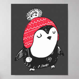 Poster Bebê de Pinguim Fofo de Natal Usando Chapéu de Inv