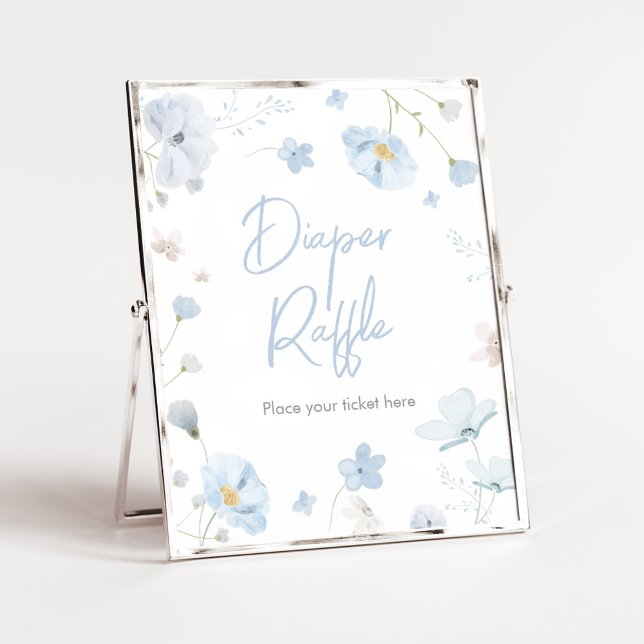 Poster Bebê de Primavera azul floral em Fralda de sangue  (Blue Spring Floral Baby in Bloom Baby Shower Diaper Raffle Sign)