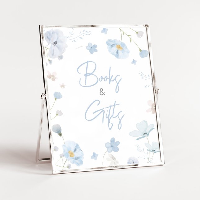 Poster Bebê de Primavera azul floral em Livros e Presente (Blue Spring Floral Baby in Bloom Baby Shower Books and Gifts Sign)