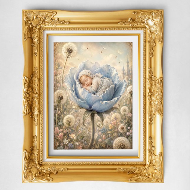 Póster Bebê dormindo em flor azul  (Criador carregado)