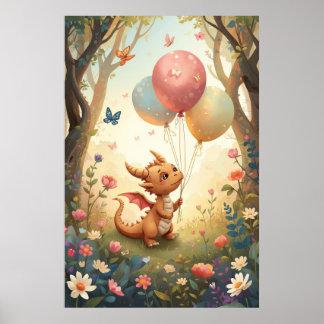 Poster Bebê Dragão Balão de Aquarela de Pêssego Berçário