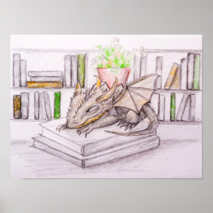 Poster Bebê Dragão Bibliófilo Amante de Livros Biblioteca