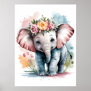 Poster Bebê Elefante Adorável com Coroa Floral