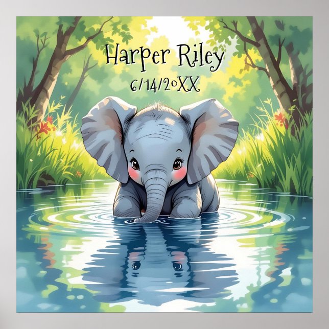 Poster Bebê Elefante Adorável e Reflexo Personalizado (Frente)