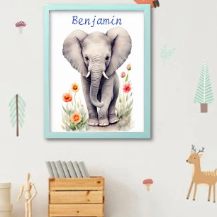 Poster Bebê Elefante Fofo Aquarela Pastel Flor de Primave