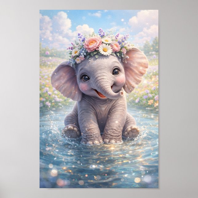 Poster Bebê Elefante Fofo Coroa de Flores Salpicos de Águ (Frente)