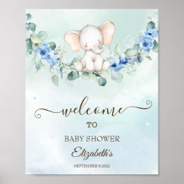 Poster Bebê Elefante Fofo Rosas Azuis
