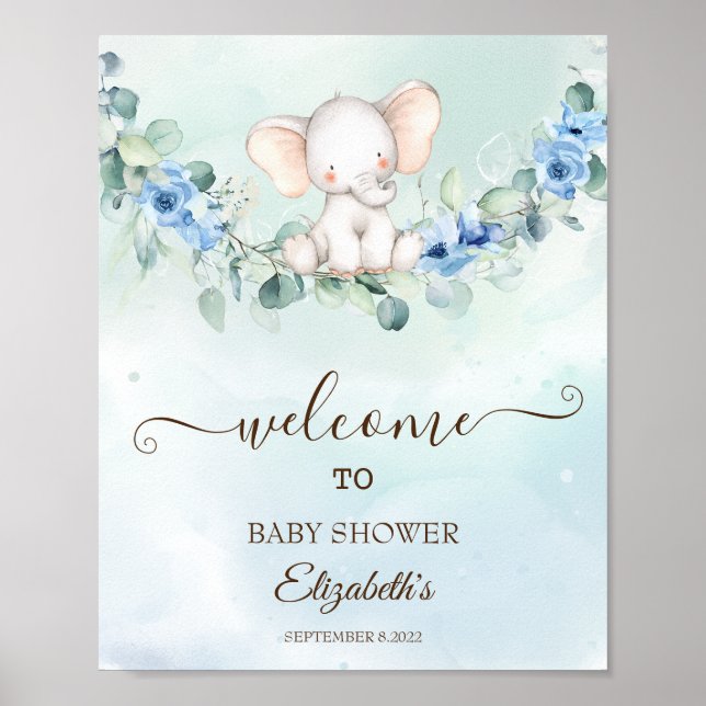 Poster Bebê Elefante Fofo Rosas Azuis (Frente)