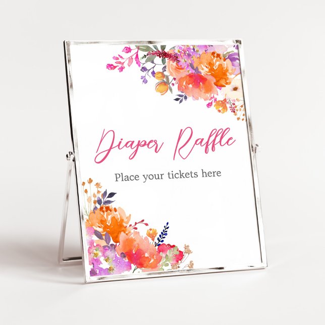 Poster Bebê em Bloom Bright Fralda Floral Raffle (Baby in Bloom Baby Shower Diaper Raffle Sign)