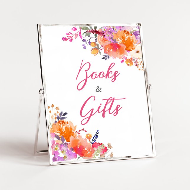 Poster Bebê em Bloom Bright Livros Florais e Presentes (Baby in Bloom Baby Shower Books and Gifts Sign)