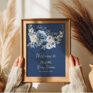 Poster Bebê em Bloom Elegante Flores Azuis Bem-Vindo