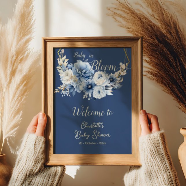 Poster Bebê em Bloom Elegante Flores Azuis Bem-Vindo (Criador carregado)