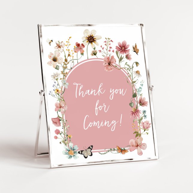 Poster Bebê em Bloom Wildflower Obrigado por vir (Muted Pink Spring Flowers Baby Shower Thank You for Coming Sign)