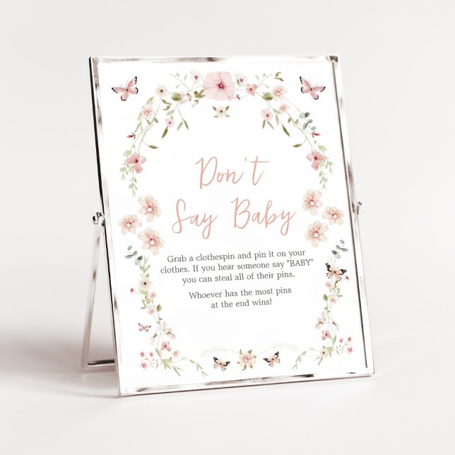 Poster Bebê em Chá de fraldas de borboleta Bloom Não diga (Spring Butterflies Baby Shower Don't Say Baby Sign)