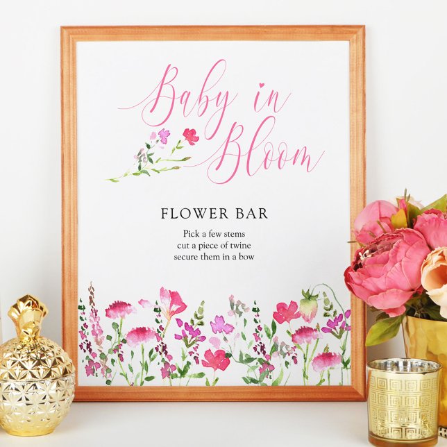 Poster Bebê em Flor Rosa Cartaz de Barra de Flores Silves (Baby in Bloom Flower Bar Sign from my Pink Wildflower Collection. Message me to create more items.)