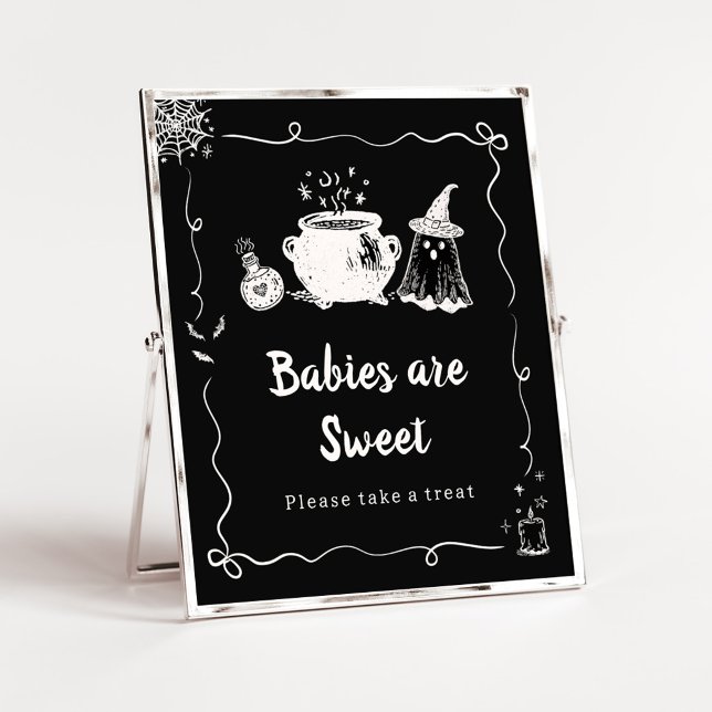 Poster Bebê está a caminho Sinal de Bebês de Halloween sã (Hand Drawn A Baby is Brewing Baby Shower Babies are Sweet Sign)