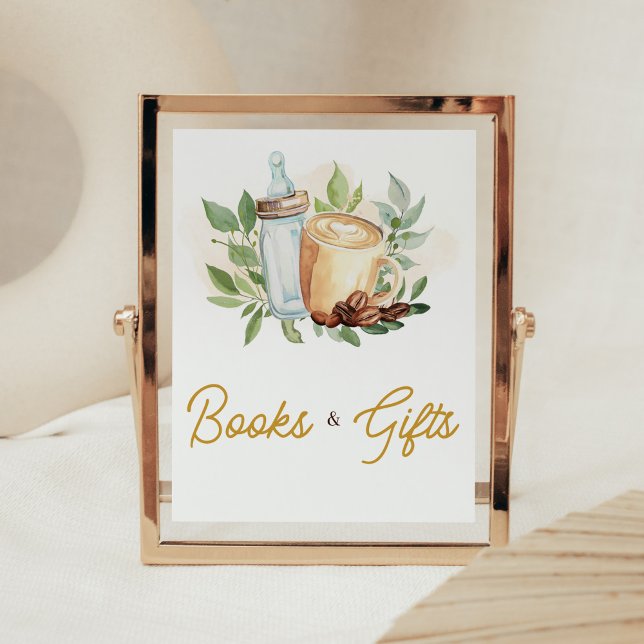 Poster Bebê está criando livros e presentes de café (Bottle and Coffee Baby Shower Books and Gifts Sign)